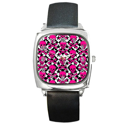 Pink Skulls & Stars Square Metal Watch from ArtsNow.com Front