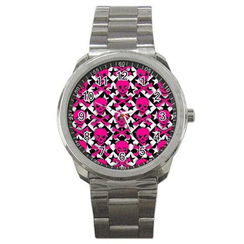 Pink Skulls & Stars Sport Metal Watch from ArtsNow.com Front