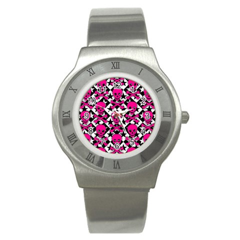 Pink Skulls & Stars Stainless Steel Watch from ArtsNow.com Front