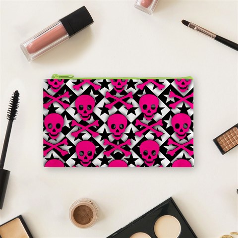 Pink Skulls & Stars Cosmetic Bag (Small) from ArtsNow.com Front