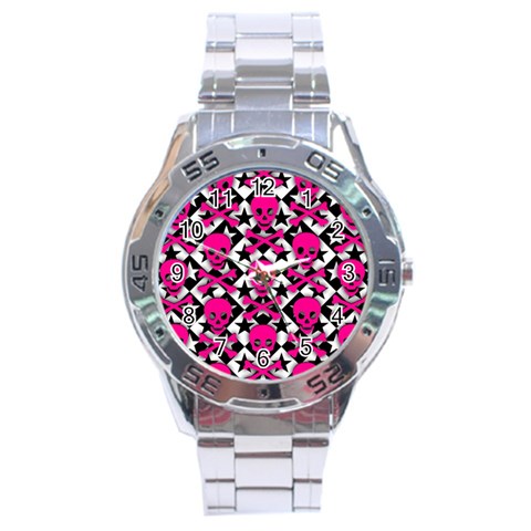 Pink Skulls & Stars Stainless Steel Analogue Men’s Watch from ArtsNow.com Front