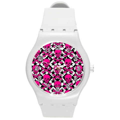 Pink Skulls & Stars Round Plastic Sport Watch Medium from ArtsNow.com Front