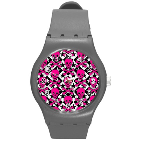 Pink Skulls & Stars Round Plastic Sport Watch Medium from ArtsNow.com Front