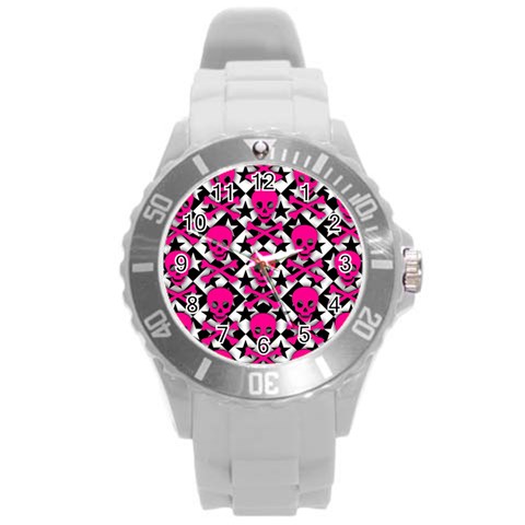 Pink Skulls & Stars Round Plastic Sport Watch Large from ArtsNow.com Front