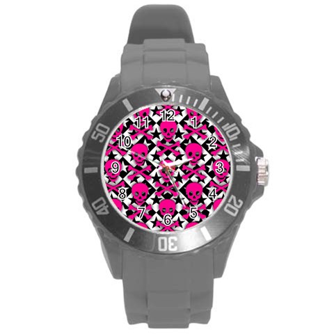 Pink Skulls & Stars Round Plastic Sport Watch Large from ArtsNow.com Front