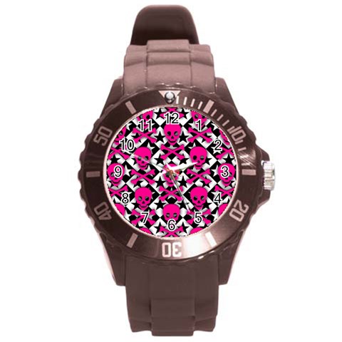 Pink Skulls & Stars Round Plastic Sport Watch Large from ArtsNow.com Front