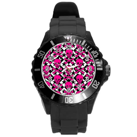 Pink Skulls & Stars Round Plastic Sport Watch Large from ArtsNow.com Front