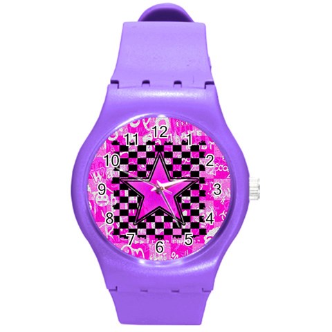 Pink Star Round Plastic Sport Watch Medium from ArtsNow.com Front