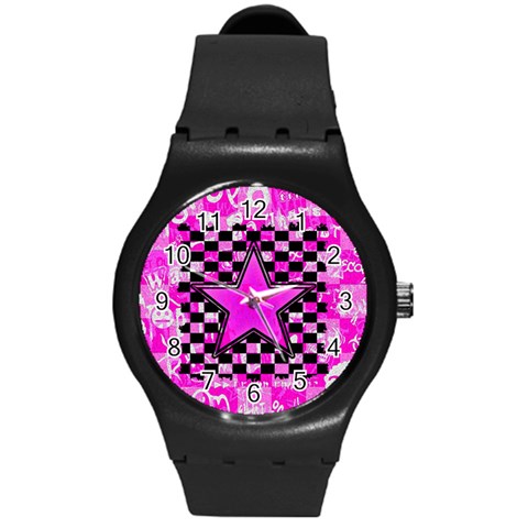 Pink Star Round Plastic Sport Watch Medium from ArtsNow.com Front