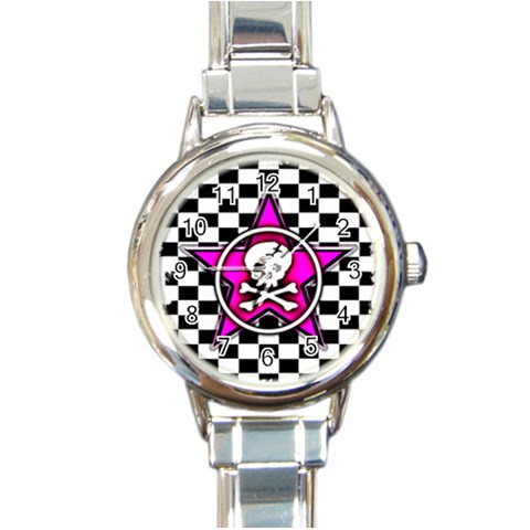 Pink Star Skull Checker Round Italian Charm Watch from ArtsNow.com Front