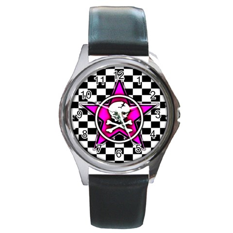 Pink Star Skull Checker Round Metal Watch from ArtsNow.com Front