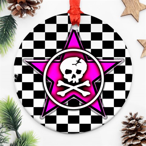 Pink Star Skull Checker Ornament (Round) from ArtsNow.com Front