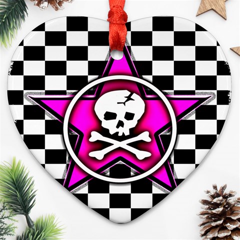 Pink Star Skull Checker Ornament (Heart) from ArtsNow.com Front