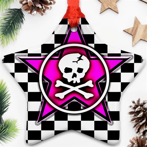 Pink Star Skull Checker Ornament (Star) from ArtsNow.com Front