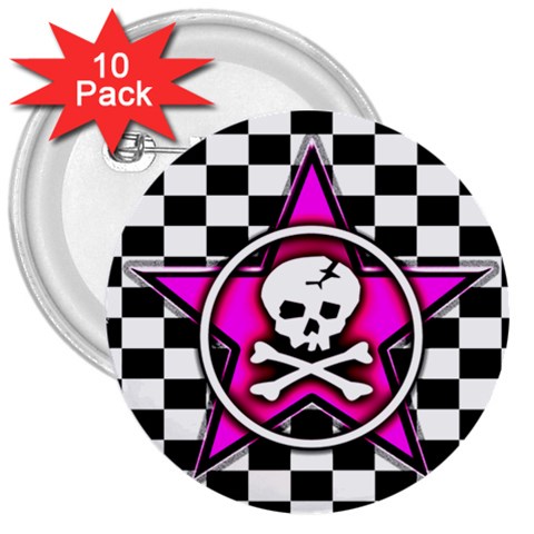 Pink Star Skull Checker 3  Button (10 pack) from ArtsNow.com Front