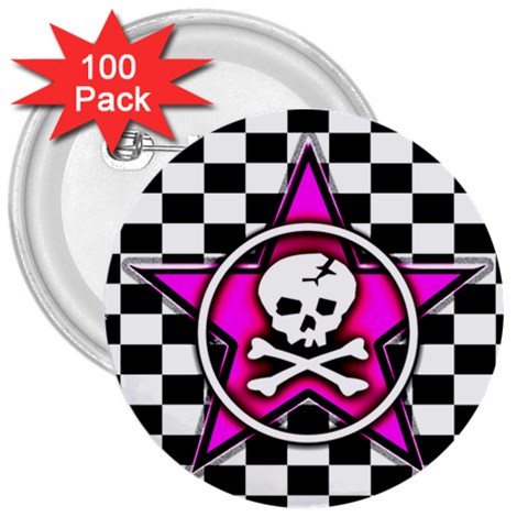 Pink Star Skull Checker 3  Button (100 pack) from ArtsNow.com Front