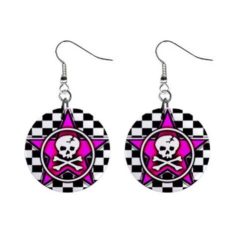 Pink Star Skull Checker 1  Button Earrings from ArtsNow.com Front