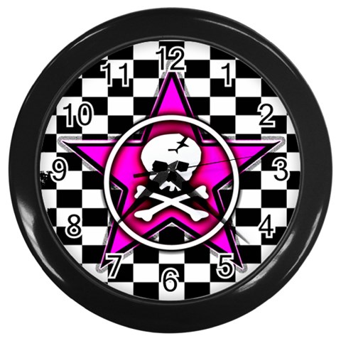 Pink Star Skull Checker Wall Clock (Black) from ArtsNow.com Front