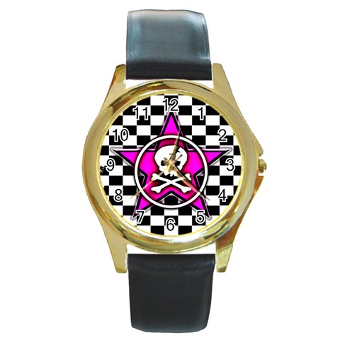 Pink Star Skull Checker Round Gold Metal Watch from ArtsNow.com Front