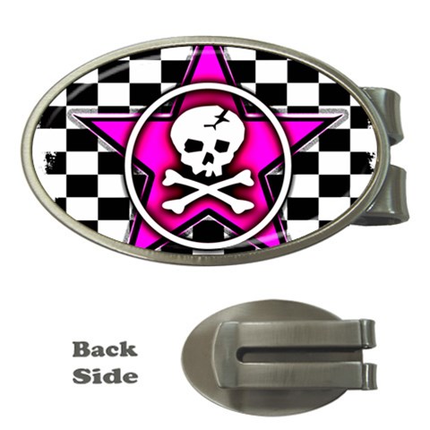 Pink Star Skull Checker Money Clip (Oval) from ArtsNow.com Front