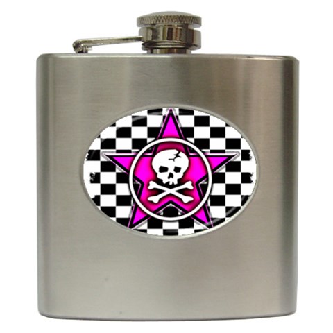 Pink Star Skull Checker Hip Flask (6 oz) from ArtsNow.com Front