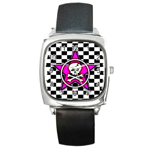 Pink Star Skull Checker Square Metal Watch from ArtsNow.com Front