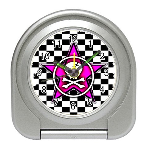 Pink Star Skull Checker Travel Alarm Clock from ArtsNow.com Front