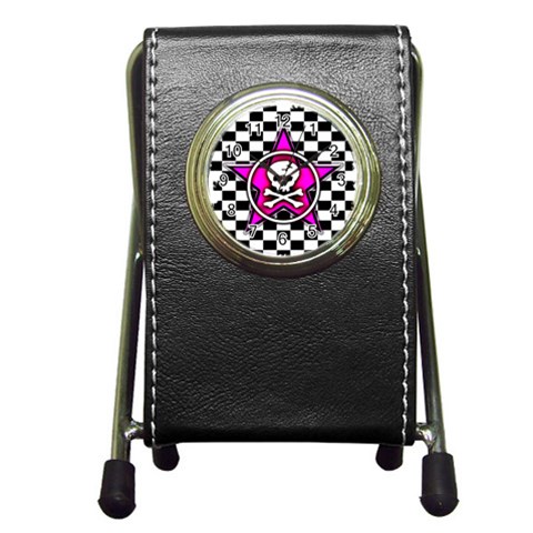 Pink Star Skull Checker Pen Holder Desk Clock from ArtsNow.com Front