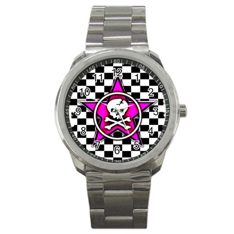 Pink Star Skull Checker Sport Metal Watch from ArtsNow.com Front