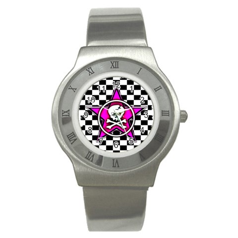 Pink Star Skull Checker Stainless Steel Watch from ArtsNow.com Front