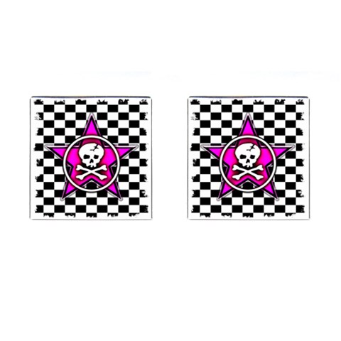 Pink Star Skull Checker Cufflinks (Square) from ArtsNow.com Front(Pair)