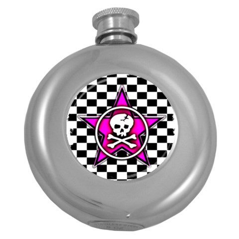 Pink Star Skull Checker Hip Flask (5 oz) from ArtsNow.com Front