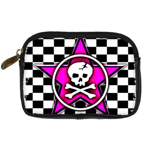 Pink Star Skull Checker Digital Camera Leather Case from ArtsNow.com Front