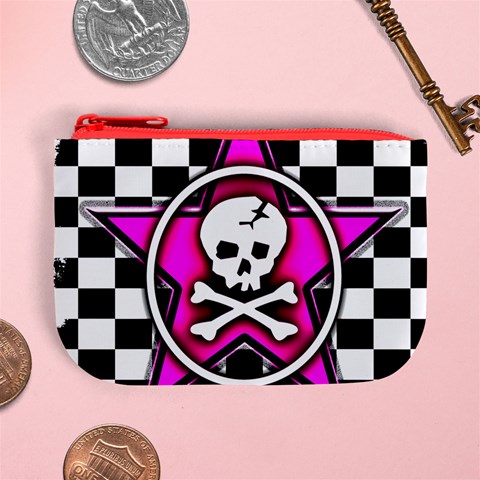 Pink Star Skull Checker Mini Coin Purse from ArtsNow.com Front