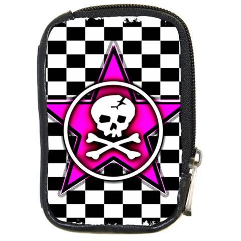 Pink Star Skull Checker Compact Camera Leather Case from ArtsNow.com Front