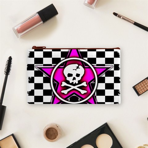 Pink Star Skull Checker Cosmetic Bag (Small) from ArtsNow.com Front