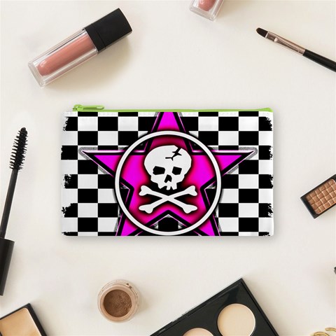 Pink Star Skull Checker Cosmetic Bag (Small) from ArtsNow.com Front