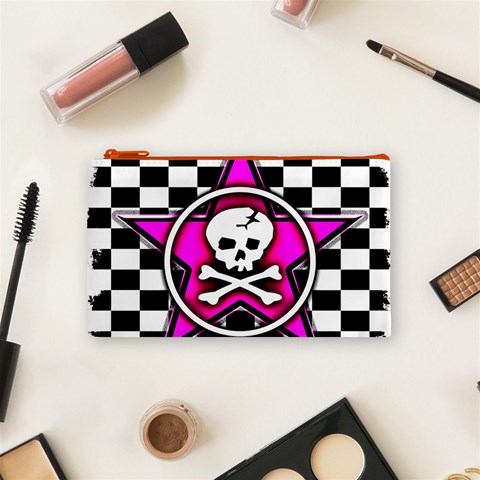 Pink Star Skull Checker Cosmetic Bag (Small) from ArtsNow.com Front