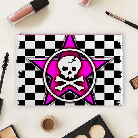 Pink Star Skull Checker Cosmetic Bag (Large) from ArtsNow.com Front