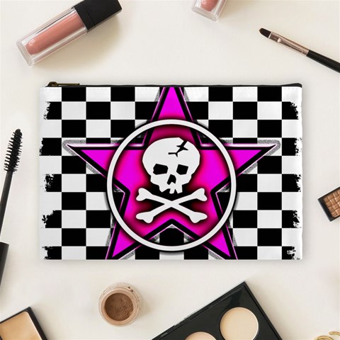 Pink Star Skull Checker Cosmetic Bag (Large) from ArtsNow.com Front