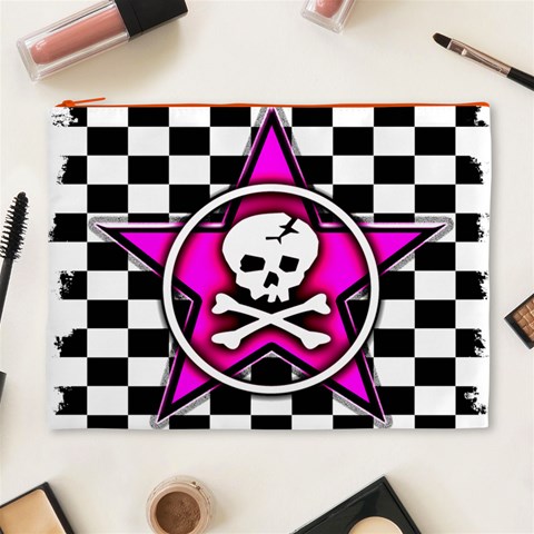 Pink Star Skull Checker Cosmetic Bag (XL) from ArtsNow.com Front