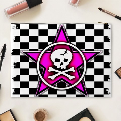 Pink Star Skull Checker Cosmetic Bag (XL) from ArtsNow.com Back