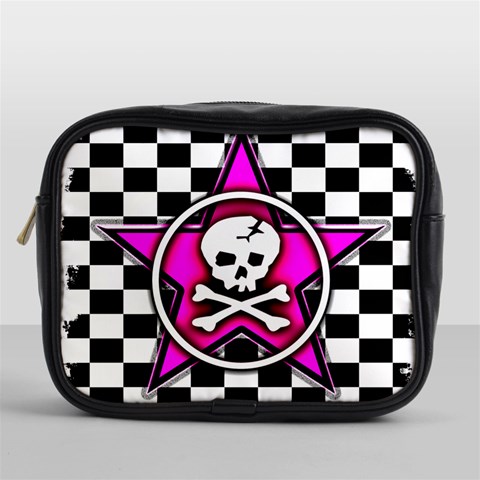 Pink Star Skull Checker Mini Toiletries Bag (One Side) from ArtsNow.com Front