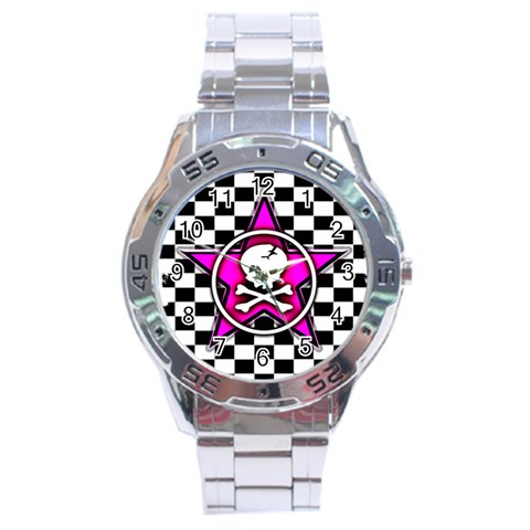 Pink Star Skull Checker Stainless Steel Analogue Men’s Watch from ArtsNow.com Front