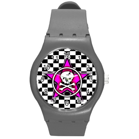 Pink Star Skull Checker Round Plastic Sport Watch Medium from ArtsNow.com Front