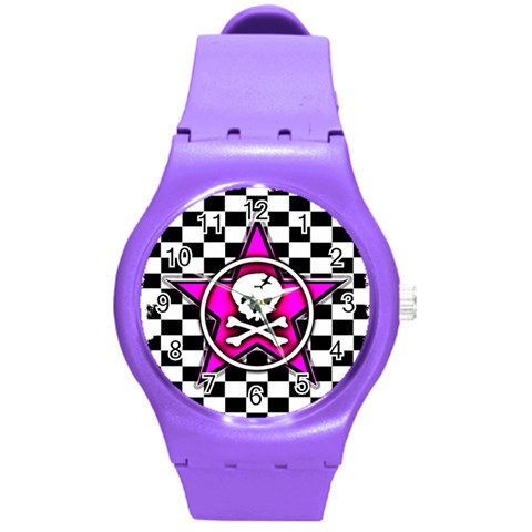 Pink Star Skull Checker Round Plastic Sport Watch Medium from ArtsNow.com Front