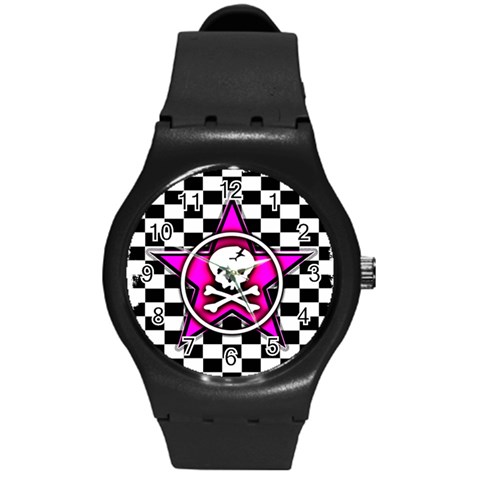 Pink Star Skull Checker Round Plastic Sport Watch Medium from ArtsNow.com Front