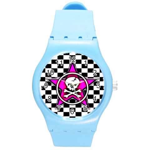 Pink Star Skull Checker Round Plastic Sport Watch Medium from ArtsNow.com Front