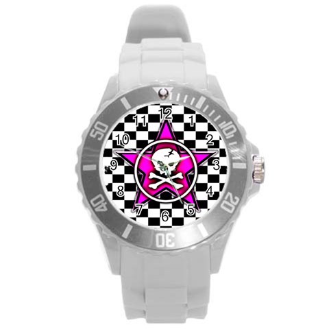 Pink Star Skull Checker Round Plastic Sport Watch Large from ArtsNow.com Front