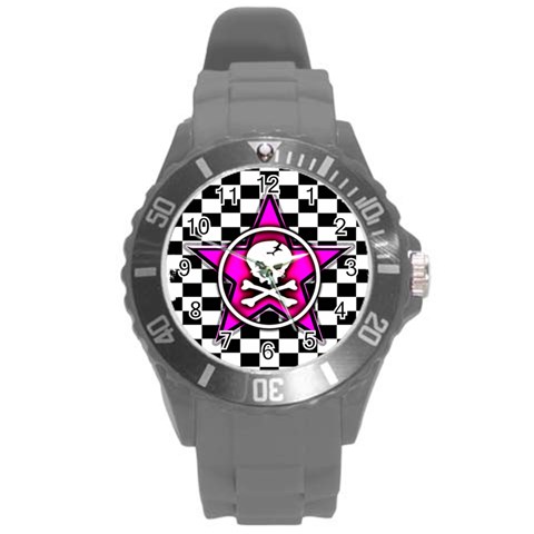 Pink Star Skull Checker Round Plastic Sport Watch Large from ArtsNow.com Front